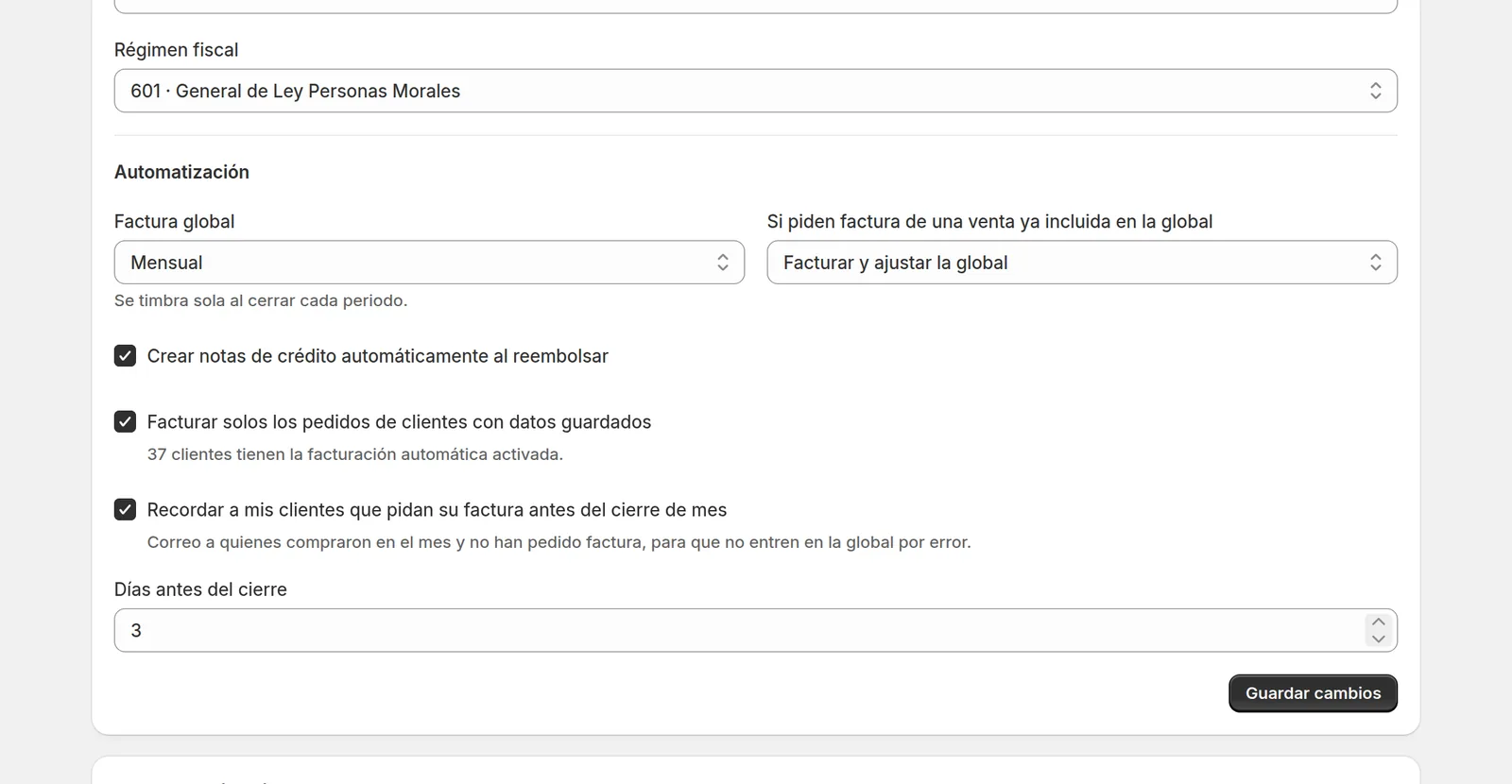 Configuración de automatización: factura global mensual, notas de crédito y recordatorios